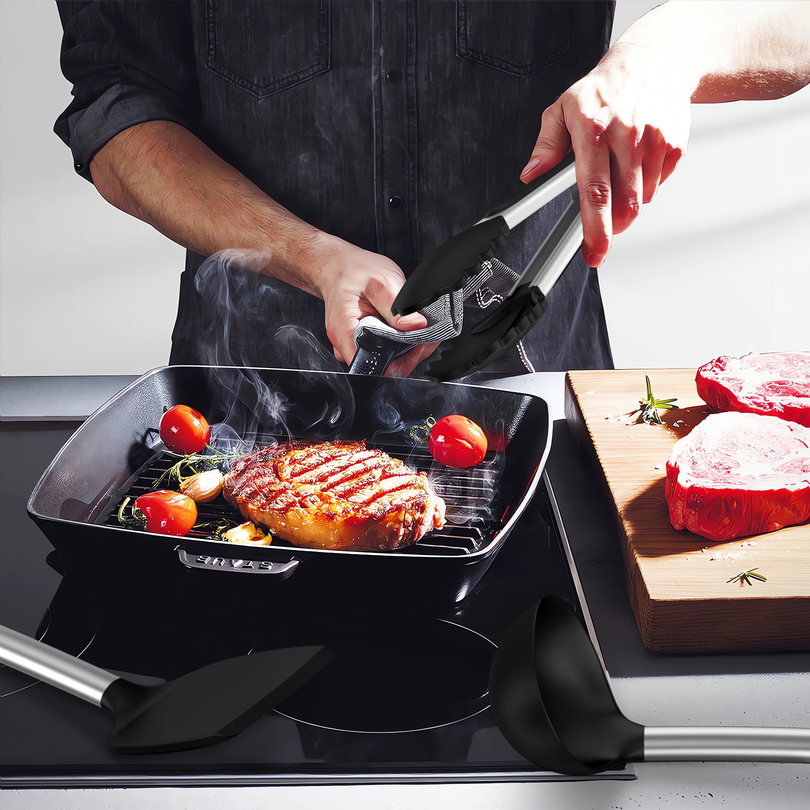 Silicone Cooking Utensils Set - Heat Resistant Silicone Kitchen Utensils for Cooking, Kitchen Utensil Spatula Set,BPA FREE Kitchen Gadgets Tools for Non-Stick Cookware Dishwasher Safe (Black)