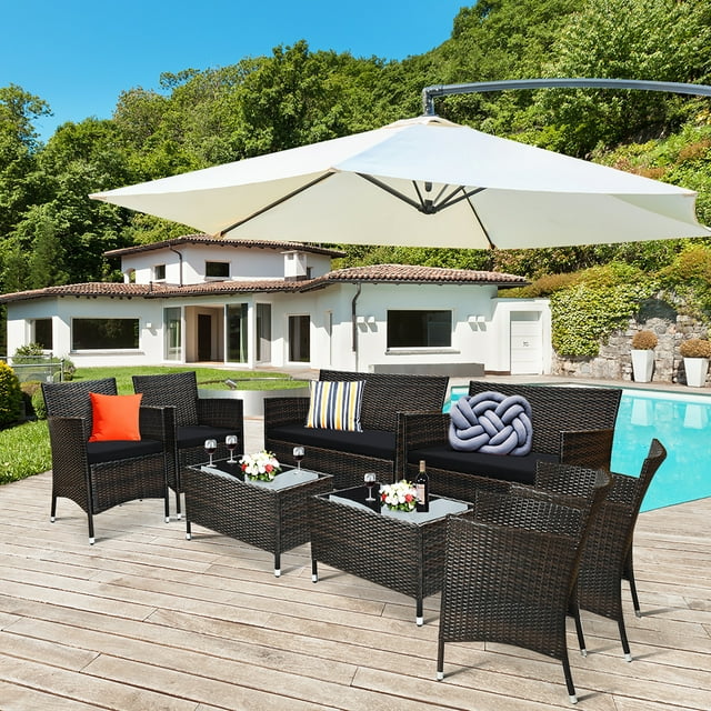 Costway Ensemble de Mobilier de Jardin en Rotin Noir, Comprenant un Canapé, un Fauteuil et une Table Basse Rembourrés.