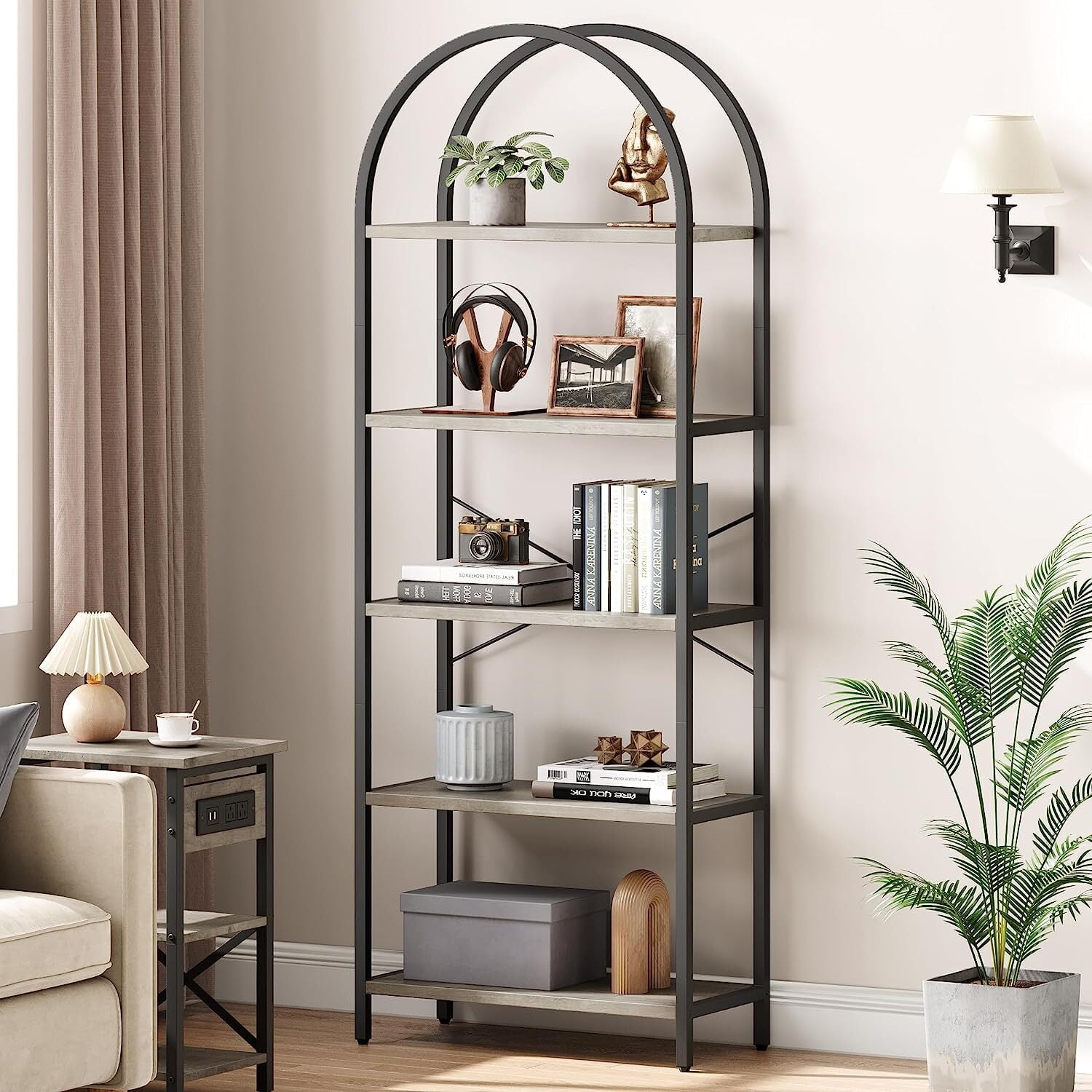 Yesfashion Bookshelf 5 Tier Bookcase Arched Display Racks Tall Standing Bookshelves Mental Frame Farmhouse Storage Rack Shelf Grey Book Shelf for Bedroom, Living Room, Home Office,Grey