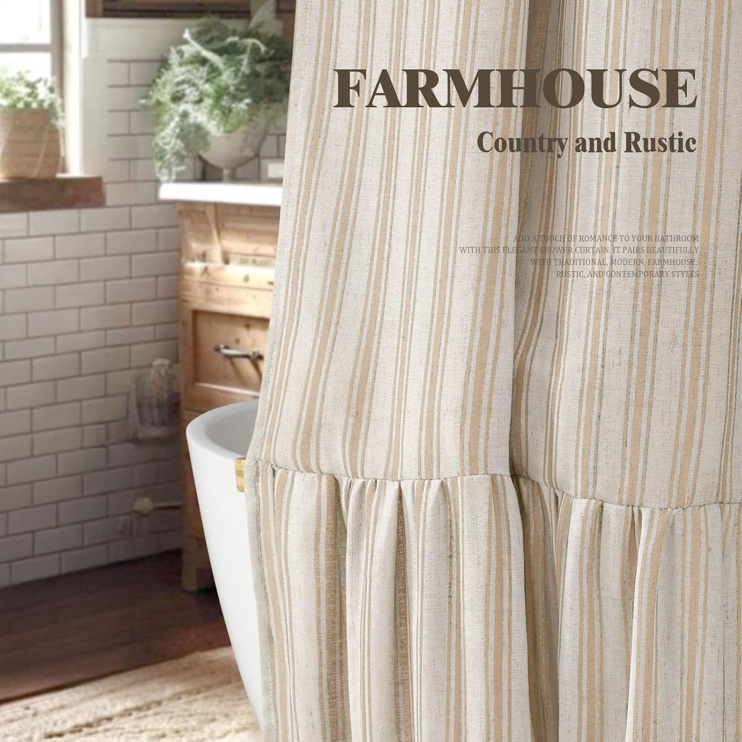 JJCOITR Farmhouse Shower Curtain with Ruffle Hem Linen Shower Curtains for Bathroom Country Vintage Rustic Natural Fabric, Cream-Beige Stripe 72" W x 72" L