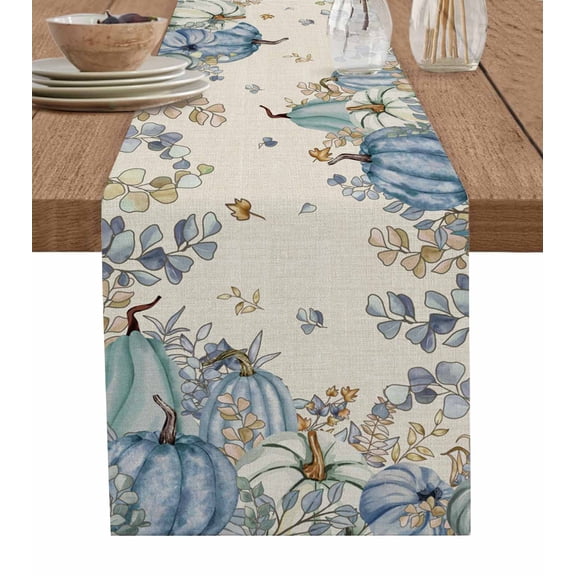 Blue Teal Fall Table Runner 108 Inches, Thanksgiving Pumpkins Rustic Botanical Bed Runner Dresser Scarves Tabletop for Indoor Outdoor Parties/Ceremony/Banquet, 13"x 108"
