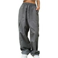 thumbnail image 2 of Idoravan Women's Plus Size Pants Clearance Womens Street Style Fashion Design Sense Multi Pocket Overalls Drawstring Elastic Low Waist Sports Pants, 2 of 9