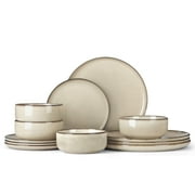 Vesteel Dinnerware Sets for 4, 12-Piece Stoneware Dish and Bowls Set, Handmade Reactive Glaze Coupe Plates Set for Family, Chip & Scratch Resistant - Khaki