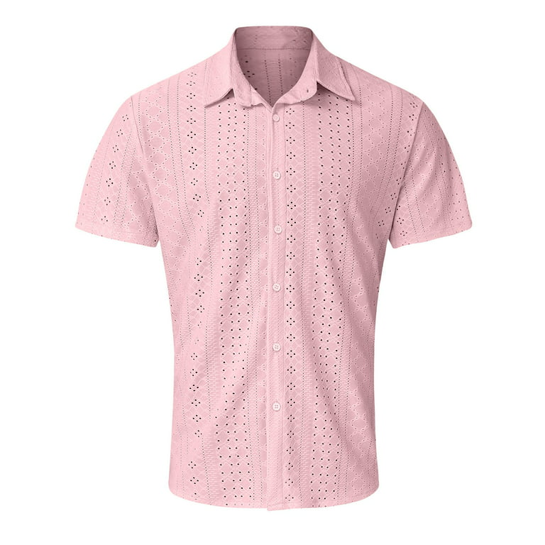Pink Mens Buckle xxl for Lapel Classic Men Knitted Shirts Sild Fabric Sleeve Shirts CBGELRT Shirt Beach Pocket Long