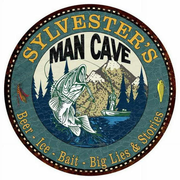 SYLVESTER'S Man Cave Fishing 14" Round Metal Sign Garage Bar Decor 100140004498