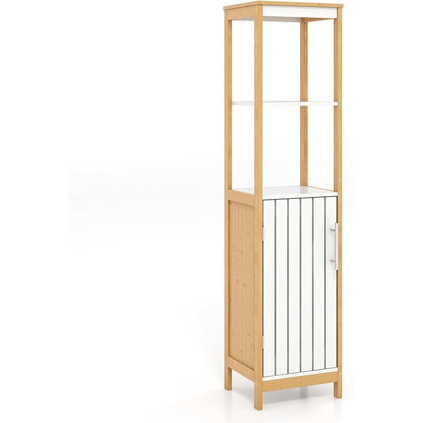Gabinete de baño alto, gabinete de almacenamiento estrecho independiente con puerta, estantes y estante ajustable, soporte de torre de lino delgado para sala de estar y baño, 51" de alto, bambú