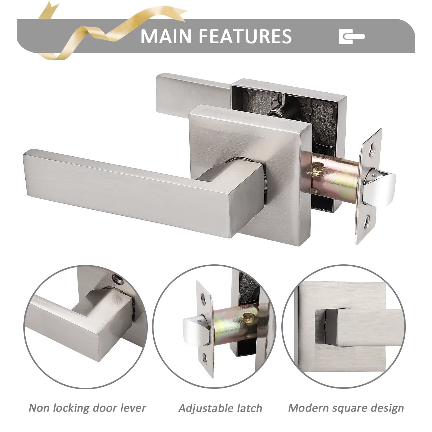 Probrico 10 pack Square Door Lever Door Lock Handle Lockset Keyless Doorknob Passage Knobs Lockset Interior Hallway Passage Closet in Satin Nickel C63