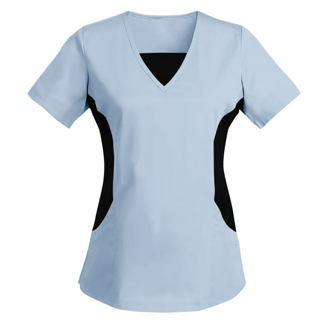Scrubs for Women Color Block Nursing Tops V-Neck Short Sleeve Wrinkle-Free Workwear Soft Stretch