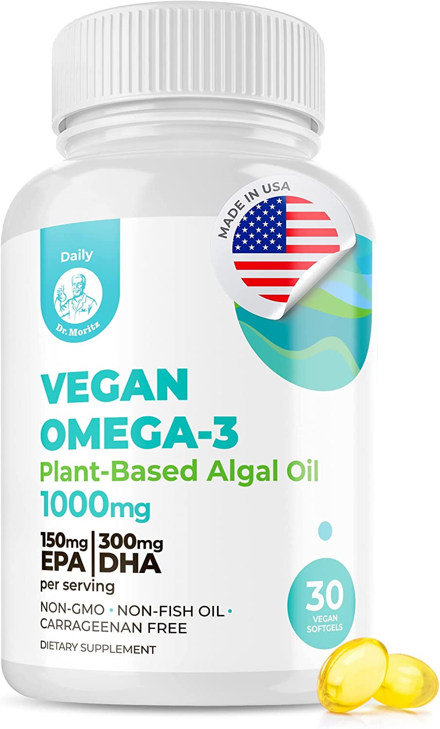 Dr. Moritz Vegan Omega 3 DHA & EPA Supplement, Algae Omega-3 Fatty Acids 1000mg, Fish Oil Alternative for Heart, Brain, Joint, and Immune System Support (30 Count)