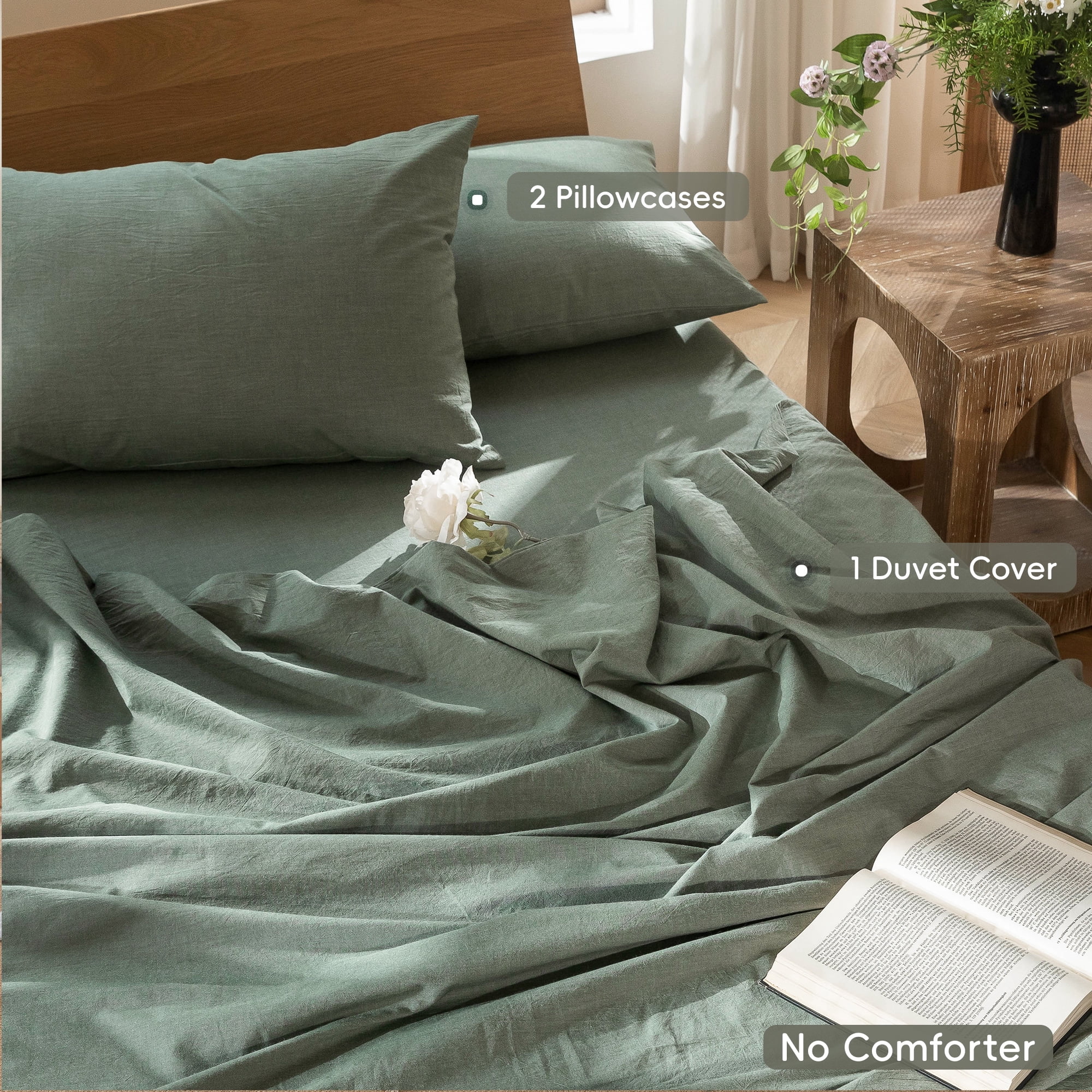 MooMee 100% Washed Cotton Duvet Cover Set King Linen Like Textured Breathable 3-Piece (Heathered Green, 104" x 90")