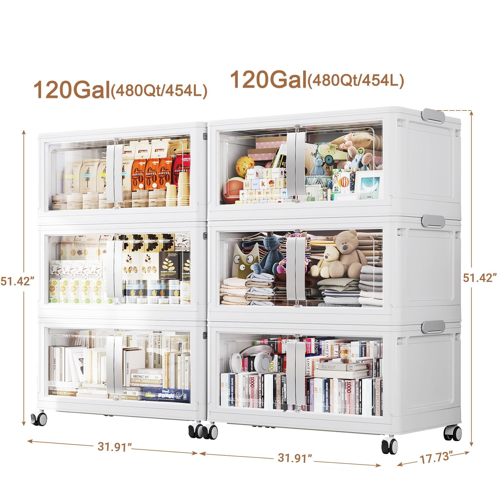 Broview 240Gal Extra Large Stackable Storage Bins, 960Qt Collapsible Plastic Storage Box with Clear Doors, Foldable Containers With Drawers, Magnetic Closure, 360° Swivel Wheels, White, 6Pack V70