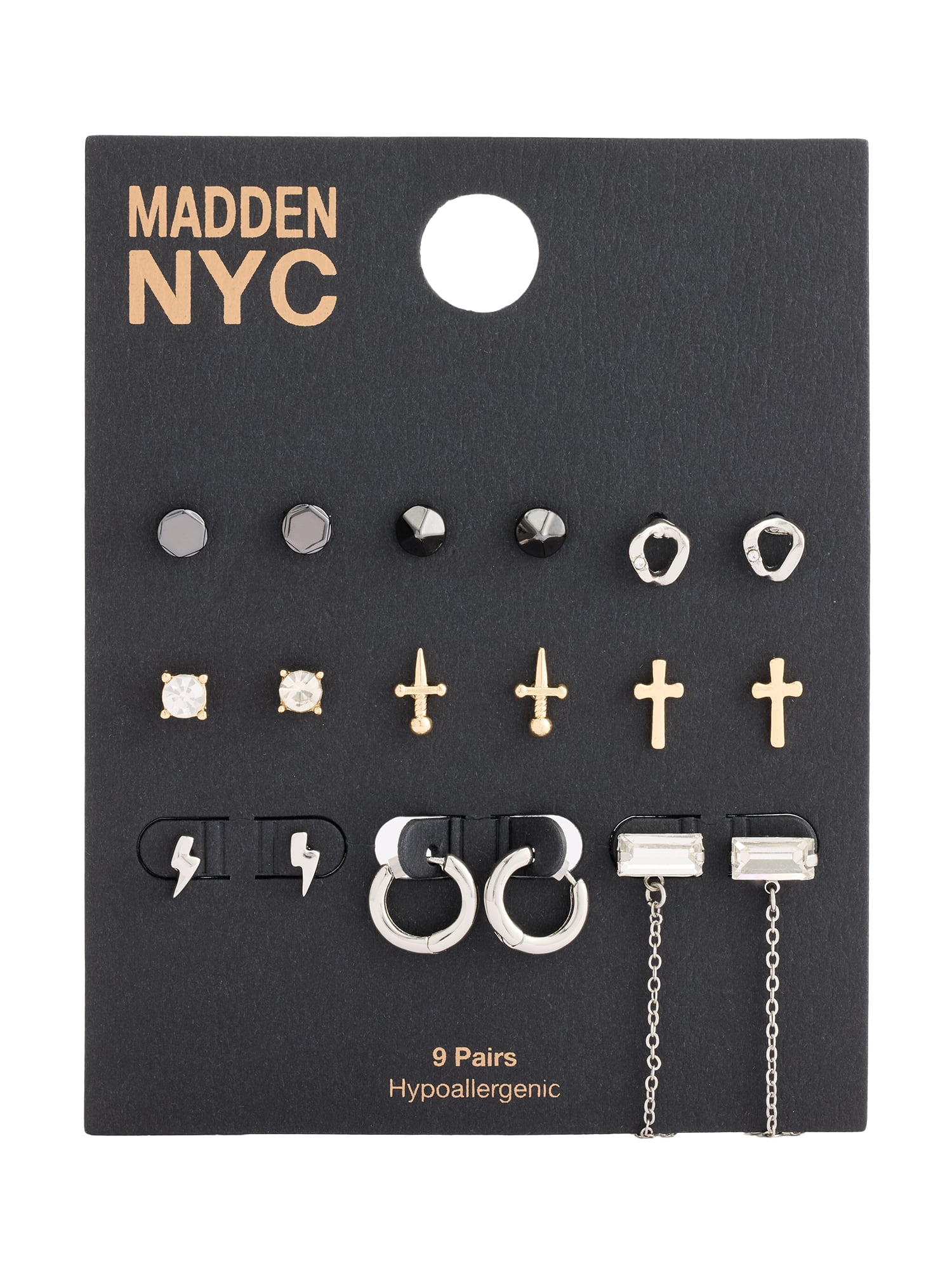 Madden NYC Women's Fashion Tri Tone Stud and Baguette Swag Chain Mixed Earring Set, 9-Piece