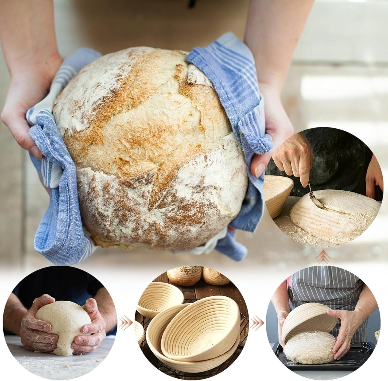 ALLJOY Banneton Bread Proofing Basket Set of 2，9 Inch Round & 10 Oval Cane Sourdough Bread Proofing Baskets Baking Supplies，Sourdough Starter Kit