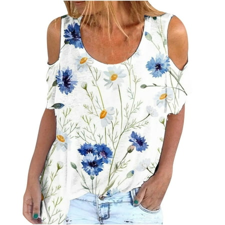 

KEJIG Corset Tops For Women Plus Size Fashion Woman Short Sleeve Printing Round Neck Leaky Shoulder Loose Casual Top