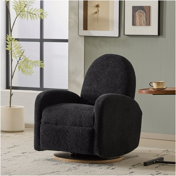JERFIT Modern Swivel Glider Recliner Chair with 360 Rotation, Soft Boucle Fabric Upholstery, Solid Wood Base for Living Room, Nursery, Bedroom, Black