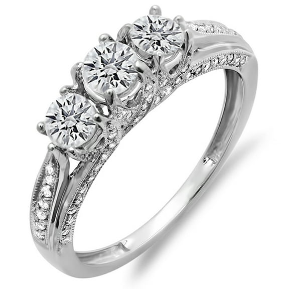 Dazzlingrock Collection 1.00 Carat (ctw) 14K Round Diamond Ladies Vintage 3 Stone Engagement Ring 1 CT, White Gold, Size 4