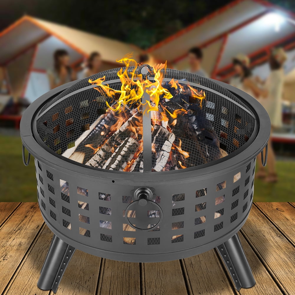 26 Inch Outdoor Fire Pit with Mesh Screen and Poker Round ...