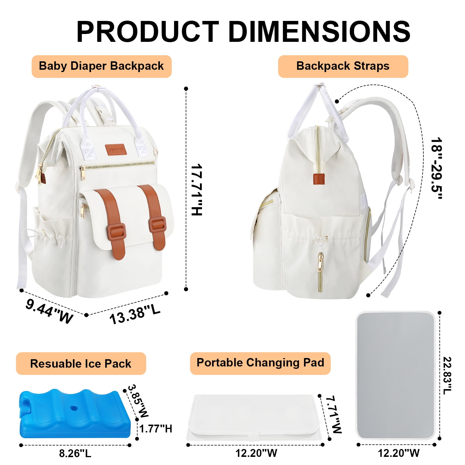 Diaper Bag Backpack with Ice Pack, Large Capacity Waterproof Baby Travel Backpack for Moms & Dads, Insulated Cooler Bag with Changing Pad, Stroller Straps & Pacifier Case, Cream
