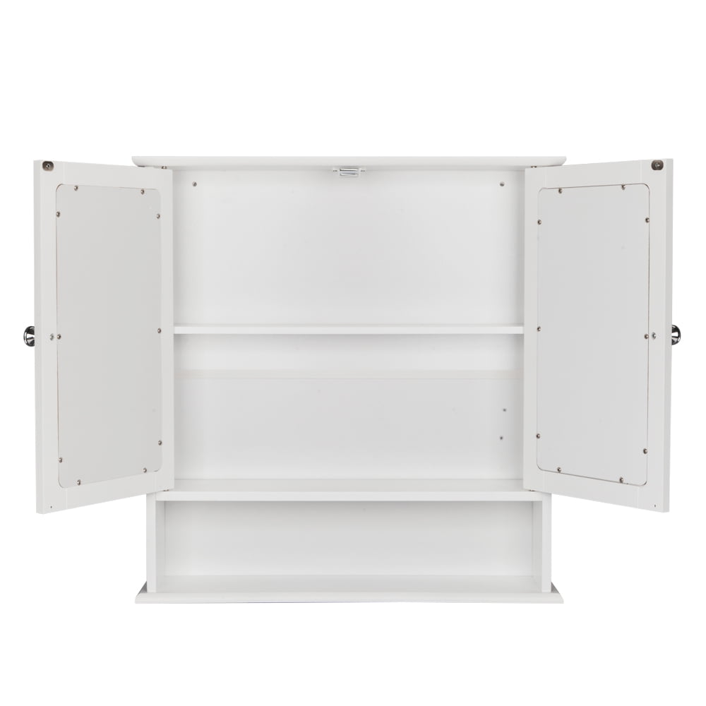 Double Door Mirror Indoor Bathroom Wall Mounted Cabinet Shelf, White
