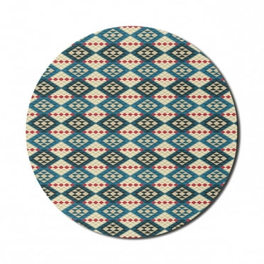 Ethnic Mouse Pad for Computers, Braided Carpet Inspired View Mosaic Art Design Print, Round Non-Slip Thick Rubber Modern Gaming Mousepad, 8" Round, Cream Coral Blue, by Ambesonne