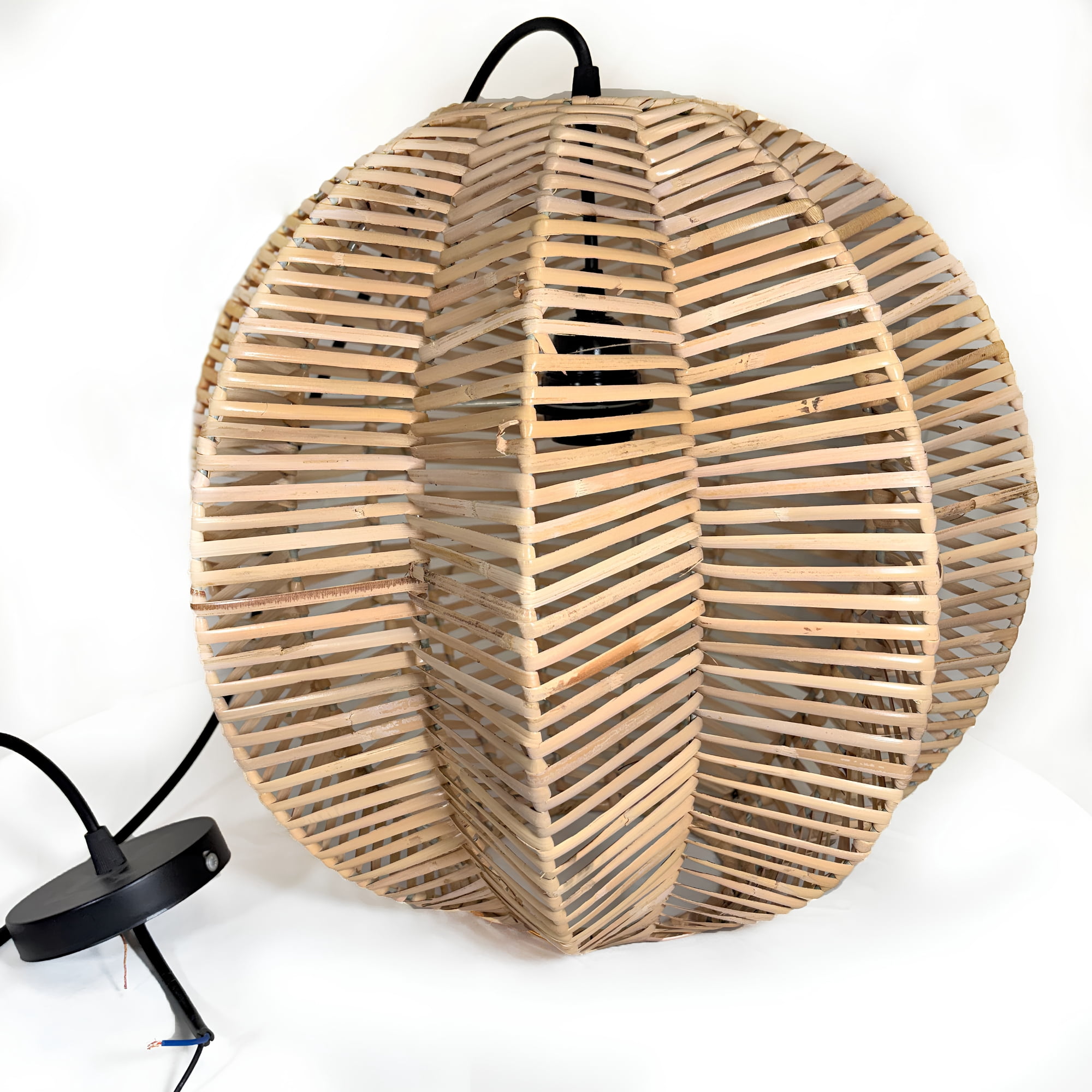 FOREVER BAMBOO Indonesian Hand-Woven Natural Rattan Pendant Light Fixture Circle Shape Woven Wicker Lampshade Chandelier Interior Decor, 15 in H x 15 in W