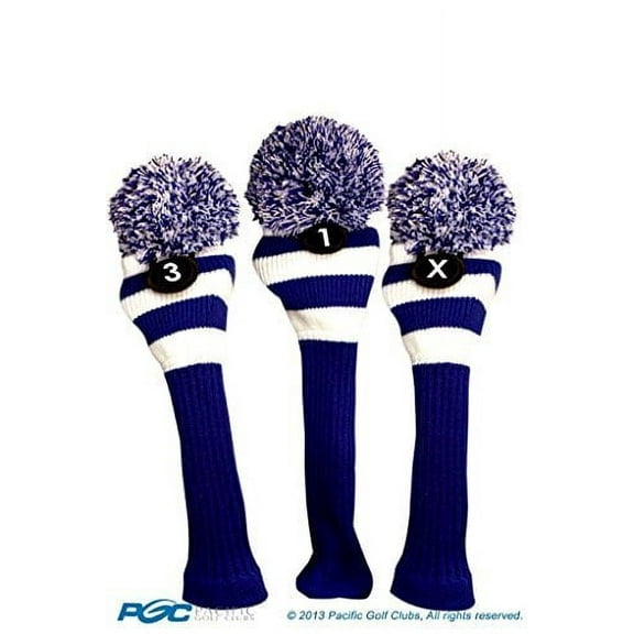 Majek Golf Club 1 3 X White and Blue Limited Edition Driver and Fairway Wood Head Covers Fits 460cc Drivers Tour Knit Retro Vintage Pom Classic Long Neck Metal Longneck Woods Headcovers