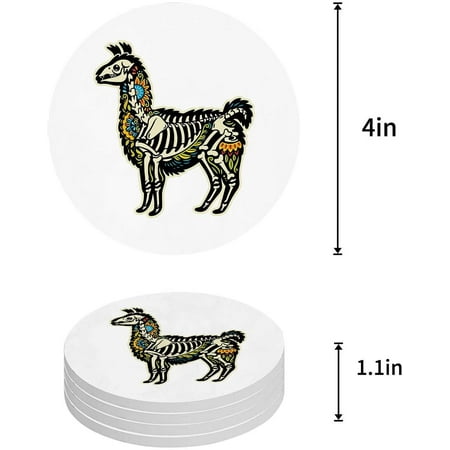 

ZHANZZK Sugar Skull Style Alpaca Skeleton and Colorful Floral Details Day of The Dead Set of 6 Round Coaster Drinks Absorbent Ceramic Stone Coasters Cup Mat Cork Base Coffee Table Bar Decor