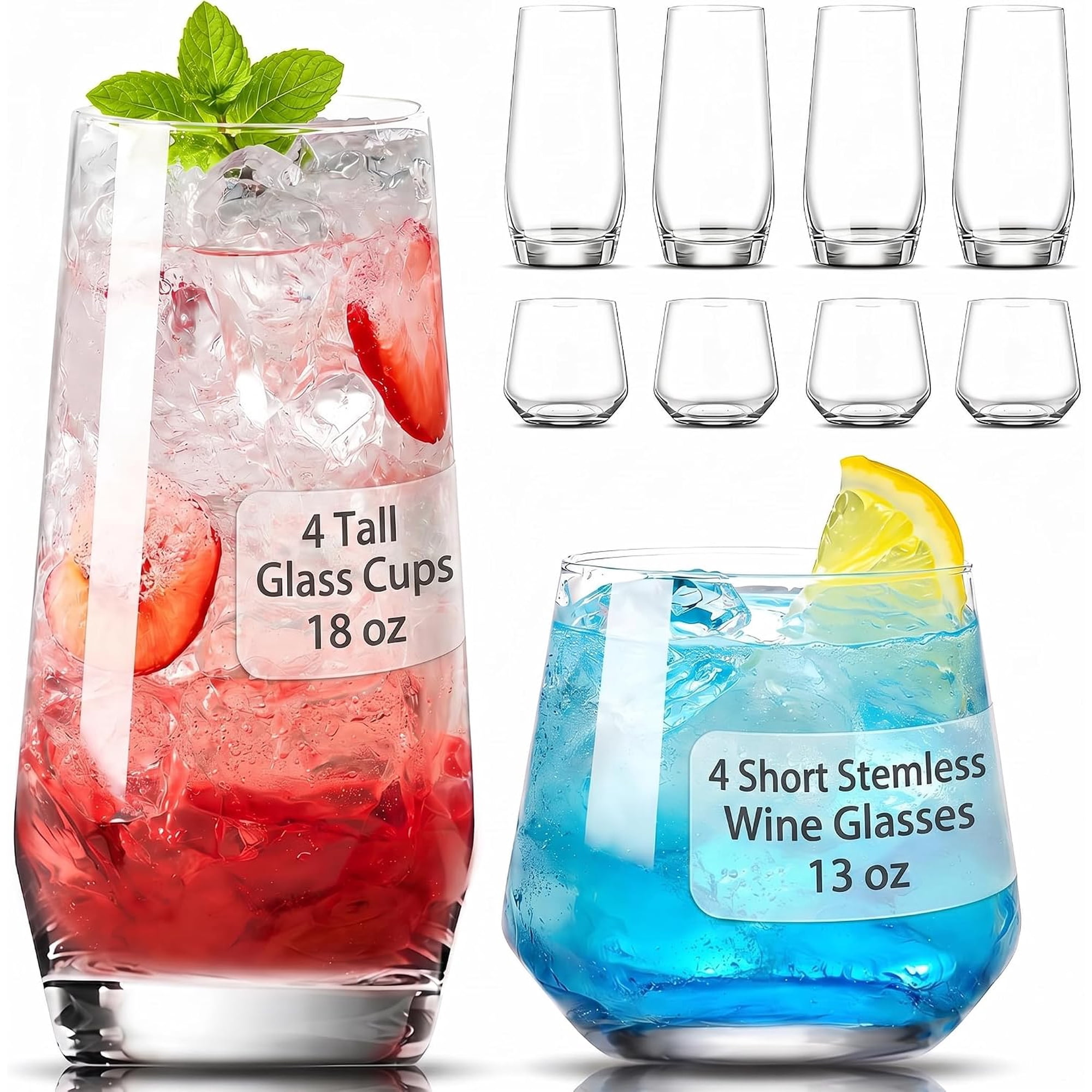 Large & Small Drinking Glasses Set of 8-4 Tall Glass Cups 18 oz & 4 Short Stemless Wine Glasses 13 oz, Highball Glasses, Glassware Sets for Cocktail, Beer, Wine, Whiskey, Water & Juice Drinkware