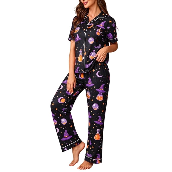 Ruiwill Halloween Pajamas Women Short Sleeve Lapel Tops With Pants Women 2 Pieces Pajamas Set Witch Hat Print Sleepwear Navy