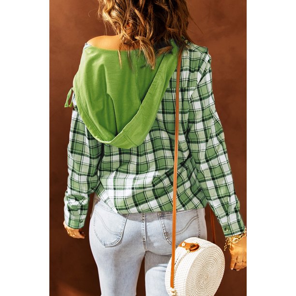 ABPHQTO Chaqueta de mujer verde con capucha y cordón a cuadros