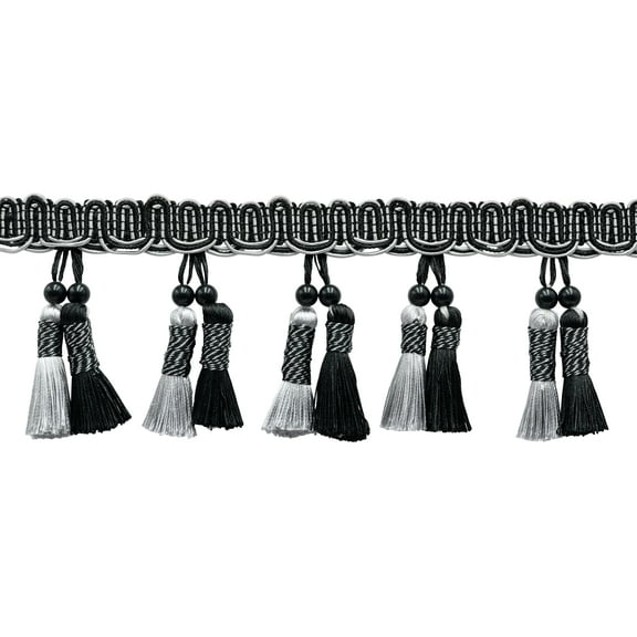 4" (10cm) Noblesse Collection Elegant Beaded Tassel Fringe | Fringe Trim # BTFH4,, Silver Grey, Black #SGB (Pure Black, Light Grey, Grey Silver) Sold By The Yard (36"/3 ft/0.9m)