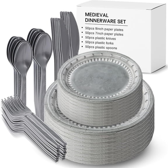 50 Set Silver Medieval Party Supplies Knight Festive Castle Party Tableware Accessories Pirate Birthday Party Disposable Paper Pewter Tableware Set Paper Plates Forks Spoons Knives