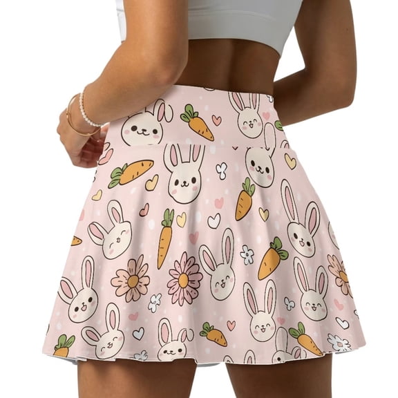 Xoenoiee Pink Rabbit Bunny Carrot Heart Floral Print Womens Pleated Tennis Skirts with Shorts Lightweight Golf Skorts with Pockets High Waisted Athletic Skorts, S