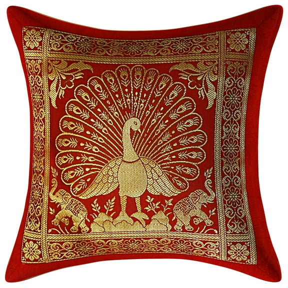 Stylo Culture Ethnic Bohemian Brocade Burgundy Maroon And Gold Throw Pillow Covers 12x12 Jacquard Weave Banarsi Sofa Decorative Pillow Case Dancing Peacock Floral 30x30 cm Cushion Covers (1 Pc)