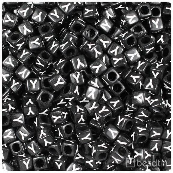 BeadTin Black Opaque 6mm Cube Alpha Beads - White Letter Y (80pcs)