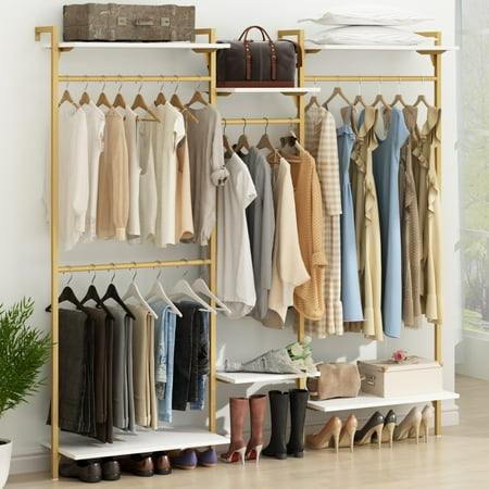 

Auromie Gold Wall Mounted with 4 Hanging Rod Custom Closet Rack with 6-Tier Adjustable Shelves Closet Organizer System Kit Metal Garment Rack for Bedroom Clockroom (80.43 L*78.62 H)