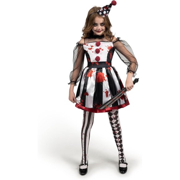 Girls Clown Costume, Scary Clown Costume, Black and White Bloody Jester Dress for Girls