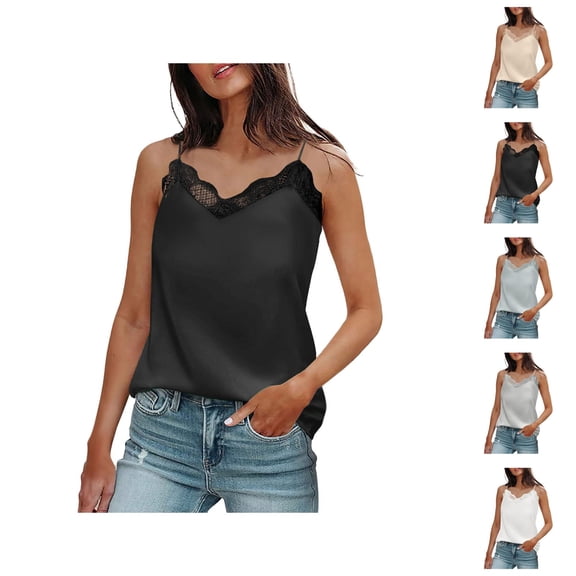 Satin Tank Tops for Women Elegant V Neck Lace Neckline Spaghetti Strap Dressy Casual Camisole Tops