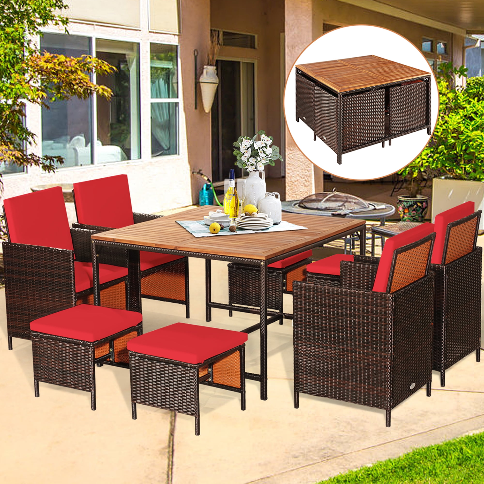 Gymax 9PCS Rattan Wicker Patio Dining Set Outdoor Furniture Set w Red Cushion Walmart