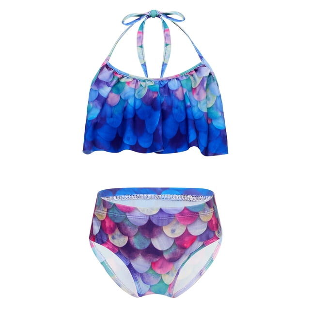 TiaoBug Girls 2 Pcs Mermaid Bikini Sets Shiny Halter Ruffles Crop Top with Triangle Brief Bathing Suit Tankini Blue A 130