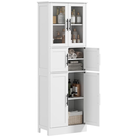 67" Tall White Bathroom Storage Cabinet, Modern Freestanding MDF Pantry with Glass Doors and Adjustable Shelves, Slim Linen Cabinet for Bathroom, Kitchen, or Living Room