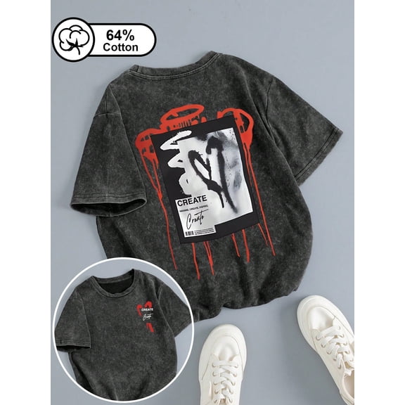 Abstract Graffiti Create Print Vintage Oversized Washed High Street Grunge Y2K Short Sleeve Crewneck Cotton Unisex Men's Women's Tee Shirt