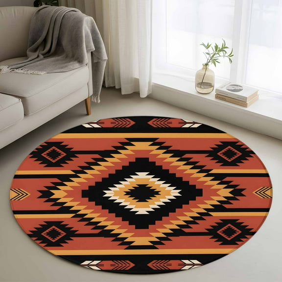 Aztec Southwest Round Rug 3ft Washable Circle Entryway Rugs Non Slip Orange Black Boho Tribes Abstract Area Rug Indoor Floor Carpet for Bedroom Kitchen Living Room Home Office Dining Room Nursery
