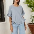 thumbnail image 5 of MIXUE Womens Summer Tops Summer Solid Color Linen Loose Fit Ruffled Round Neck Short Sleeve Button Up Pullover T Shirts Daily-Wear,Silver,M, 5 of 9