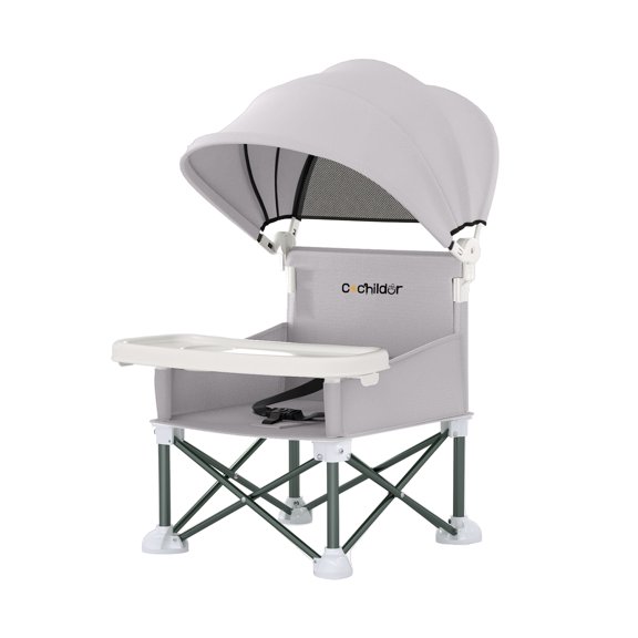 Cochildor 4-in-1 Portable Booster Seat with Tray, Removable Canopy & Carry Bag – for Indoor Outdoor Use, Ages 6-36 Months, Up to 37 lbs, Gray