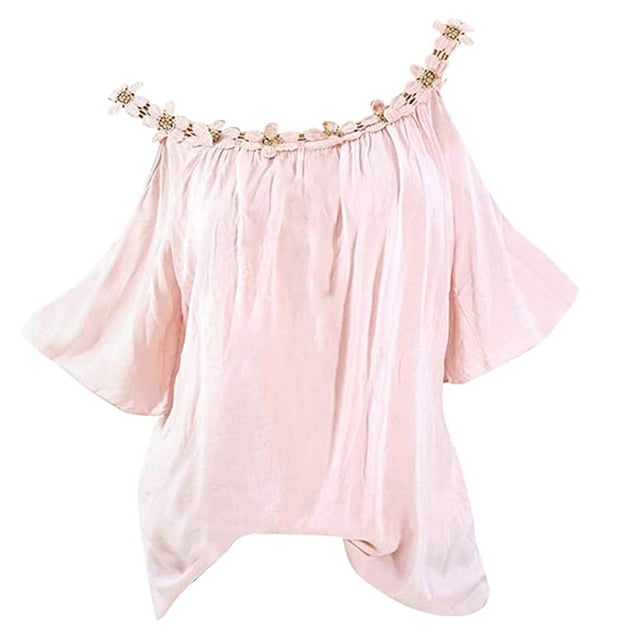 Birdeem Plus Size Women Applique Collar Round Neck Flower Solid Tops Strapless Cold Shoulder T-Shirt Blouse