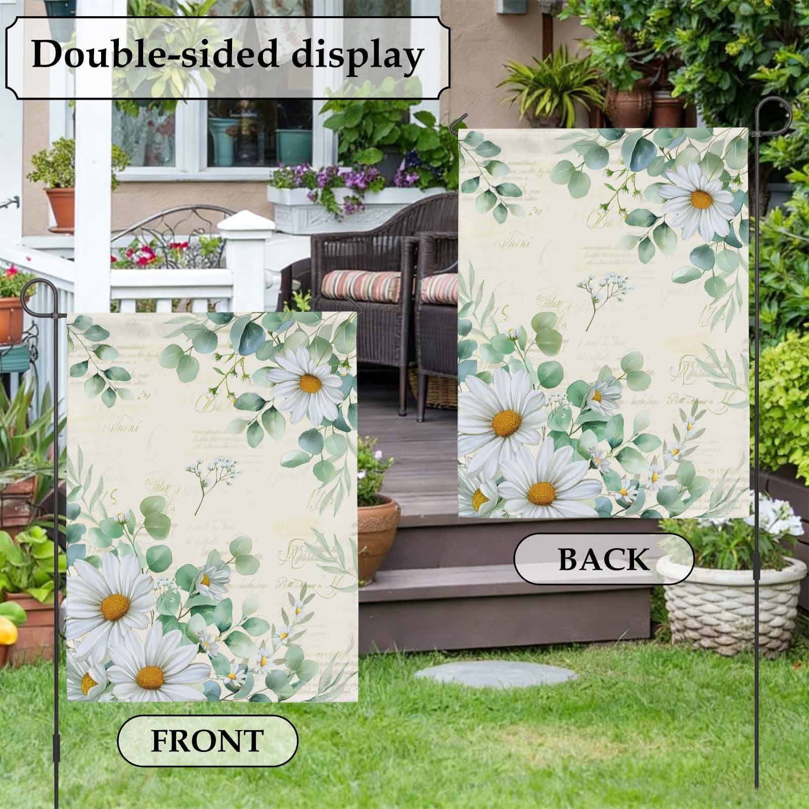 Daisy Eucalyptus Leaves House Flag 28 x 40 Inches, Floral Spring Vintage Countryside Weather Proof Outdoor Patio Flags Double Sided Small House Decoration for Yard Lawn Outside Home
