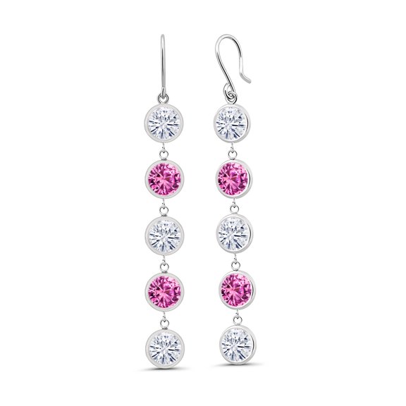 Gem Stone King 925 Sterling Silver Pink Created Sapphire Earrings Set with Moissanite (8.80 Cttw)