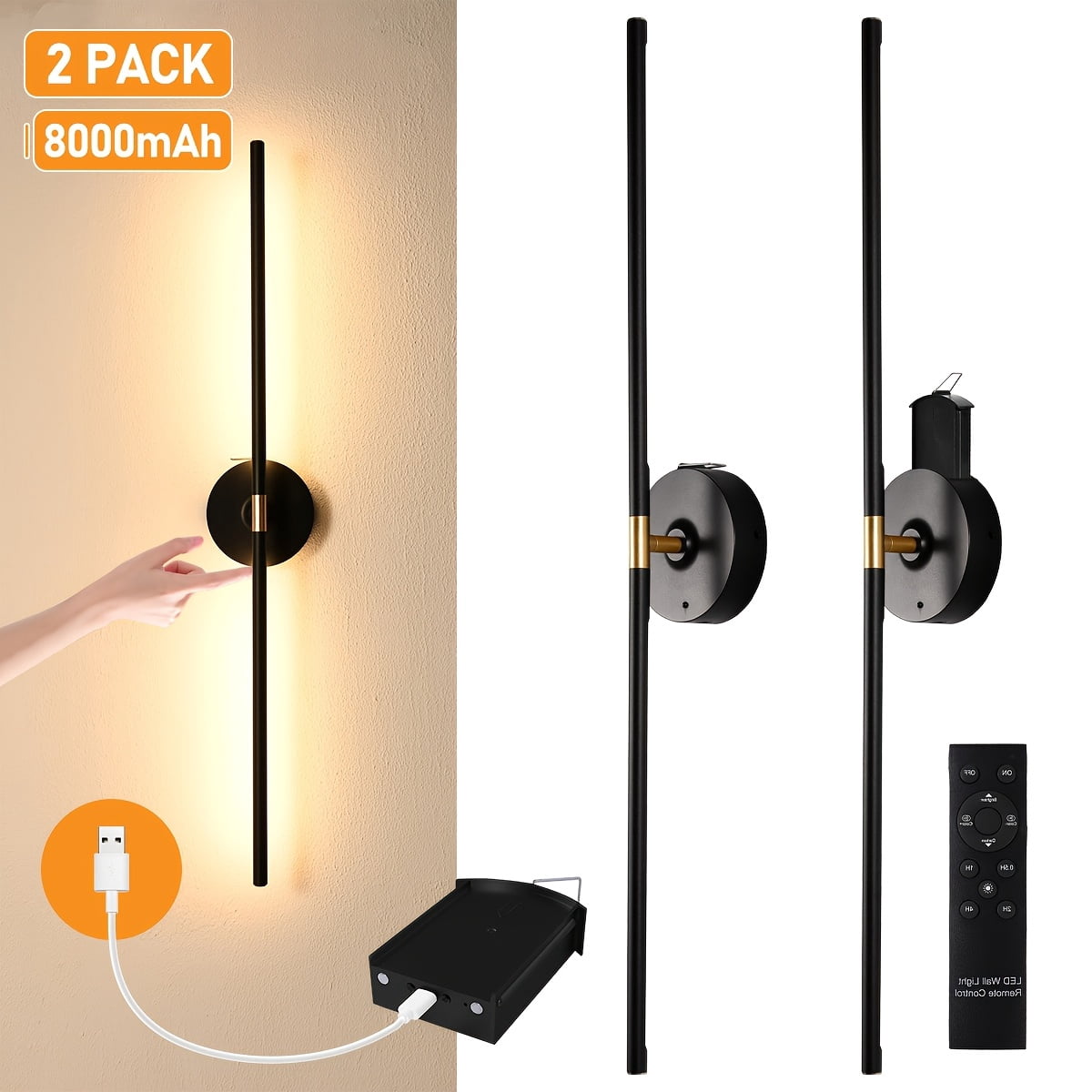 31.5 Inch Battery Operated Wall Sconce Set of 2, Dimmable Battery Sconces with Remote Control, 8000 mAh Rechargeable Sconces, 360° Rotate Modern LED Lights for Bedroom, Living Room, Black Gold