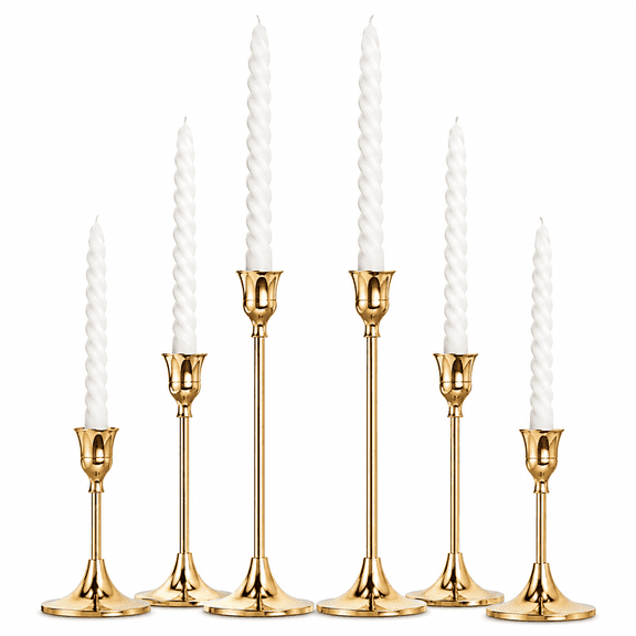 PLERISE 2-Pack Brass Candle Holders – Set of 6, Gold Metal Taper Candlesticks for Table, Mantel, Wedding Gift